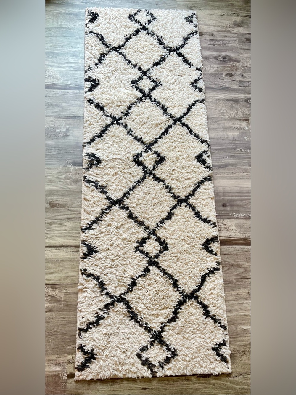 Cream & Brown Geometric Shag Runner Rug – Approx. 19.5” x 59.5”